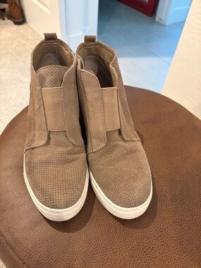 Steve Madden Taupe Perforated Suede Wedge Sneakers with White Sole